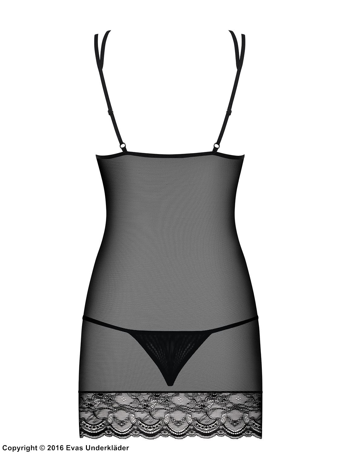 Seductive chemise, sheer mesh and lace, crossing straps